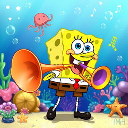 A whimsical cartoon scene featuring a cheerful SpongeBob SquarePants playing a large, colorful trombone with a big grin on his face