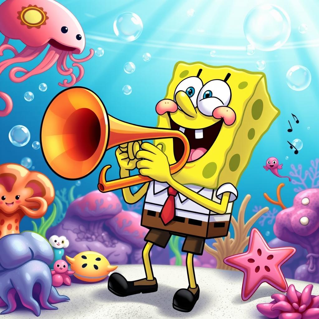 A whimsical cartoon scene featuring a cheerful SpongeBob SquarePants playing a large, colorful trombone with a big grin on his face