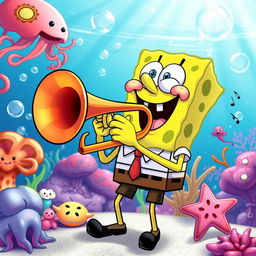 A whimsical cartoon scene featuring a cheerful SpongeBob SquarePants playing a large, colorful trombone with a big grin on his face