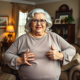 A large, confident older woman with an elegant, curvy figure, striking a proud pose