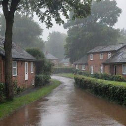 Amend the rainy riverside scene to show residents of the riverside houses hastily retreating inside, leaving the rain-soaked landscape eerily quiet, save for the downpour