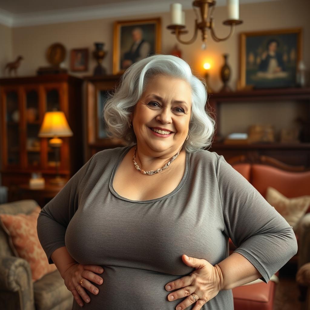 A large, confident older woman with an elegant, curvy figure, striking a proud pose