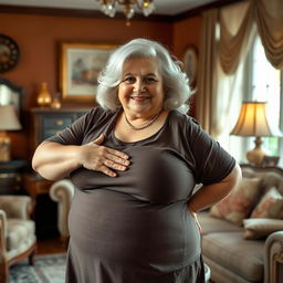 A large, confident older woman with an elegant, curvy figure, striking a proud pose
