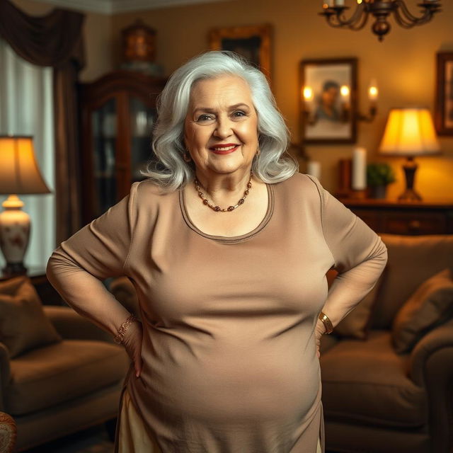 A large, confident older woman with an elegant, curvy figure, striking a proud pose