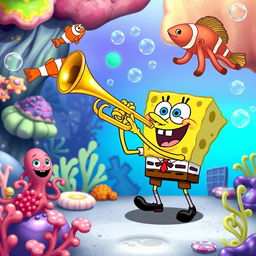 A playful cartoon scene featuring a joyful SpongeBob SquarePants playing a shiny, golden trumpet, with a big smile on his face