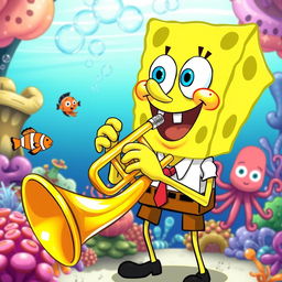 A playful cartoon scene featuring a joyful SpongeBob SquarePants playing a shiny, golden trumpet, with a big smile on his face