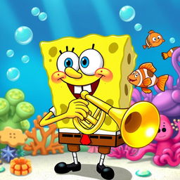 A playful cartoon scene featuring a joyful SpongeBob SquarePants playing a shiny, golden trumpet, with a big smile on his face
