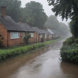 Amend the rainy riverside scene to show residents of the riverside houses hastily retreating inside, leaving the rain-soaked landscape eerily quiet, save for the downpour