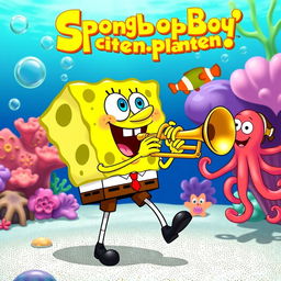 A playful cartoon scene featuring a joyful SpongeBob SquarePants playing a shiny, golden trumpet, with a big smile on his face