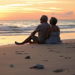 A serene beach scene featuring a man and woman sitting together on the sand, their silhouettes illuminated by a warm sunset