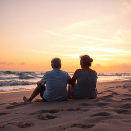 A serene beach scene featuring a man and woman sitting together on the sand, their silhouettes illuminated by a warm sunset