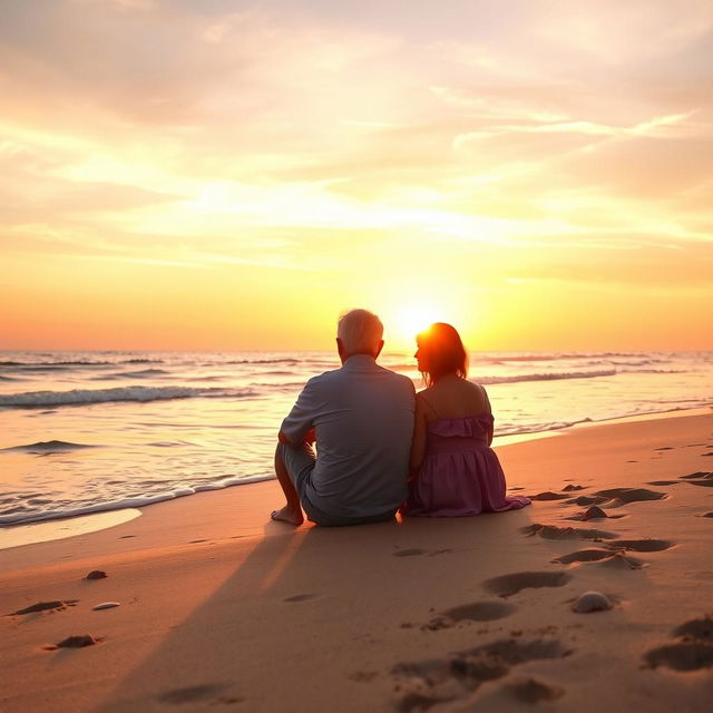 A serene beach scene featuring a man and woman sitting together on the sand, their silhouettes illuminated by a warm sunset