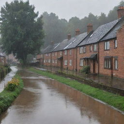 Amend the rainy riverside scene to show residents of the riverside houses hastily retreating inside, leaving the rain-soaked landscape eerily quiet, save for the downpour