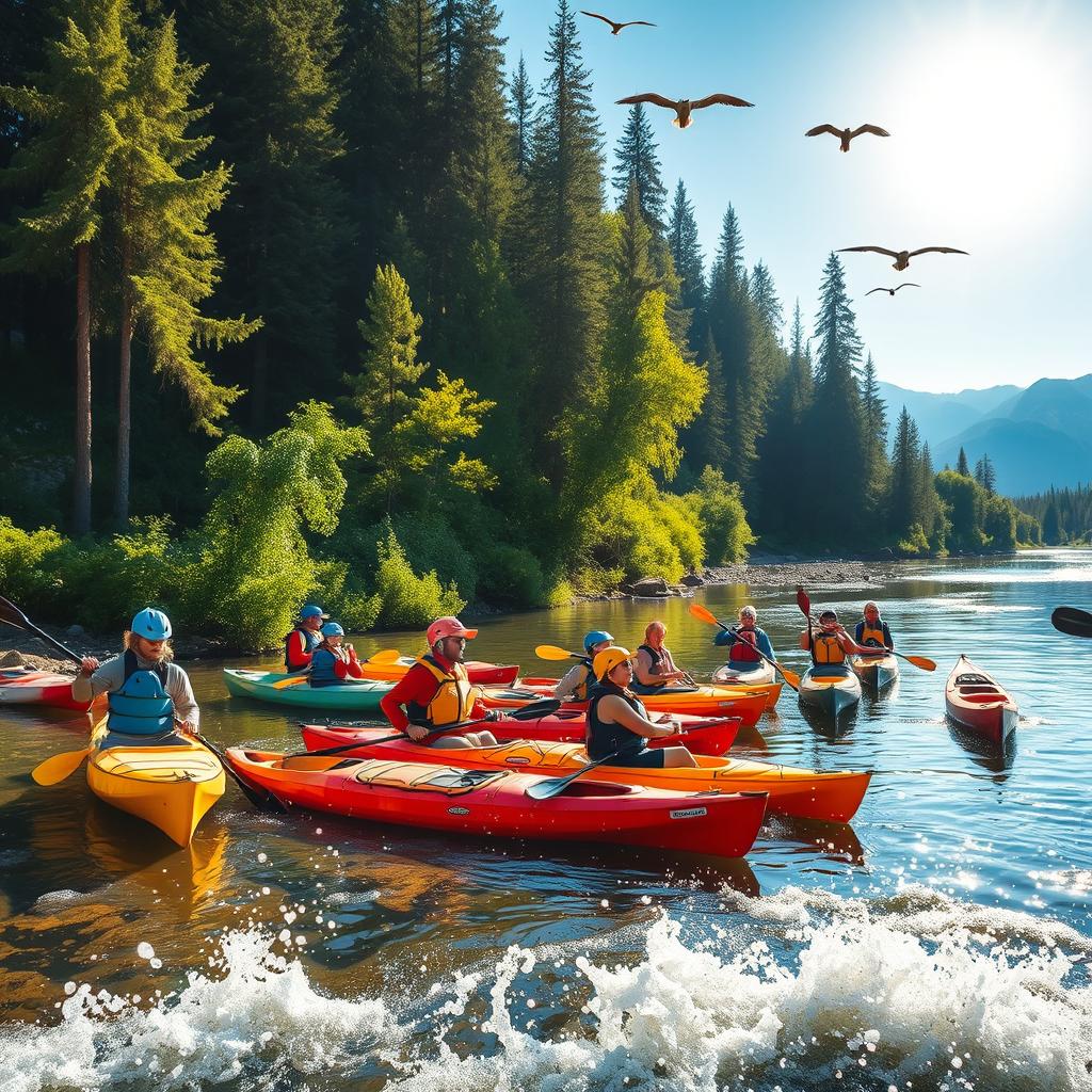 A thrilling adventure on the riverbanks, showcasing a vibrant and lively scenery
