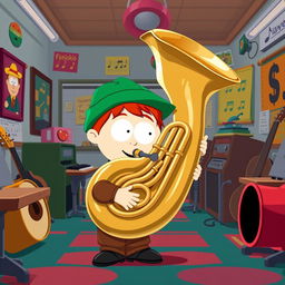 A character inspired by South Park with a cartoonish style, featuring a young Jewish boy with a green hat and red hair, playing a large brass tuba