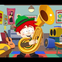 A character inspired by South Park with a cartoonish style, featuring a young Jewish boy with a green hat and red hair, playing a large brass tuba