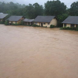 Transform the scene into a powerful display of nature's wrath, as a sudden flash flood sweeps through the riverside village, houses submerged and silhouettes seen moving in haste