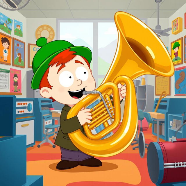 A character inspired by South Park with a cartoonish style, featuring a young Jewish boy with a green hat and red hair, playing a large brass tuba