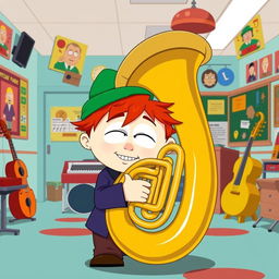 A character inspired by South Park with a cartoonish style, featuring a young Jewish boy with a green hat and red hair, playing a large brass tuba