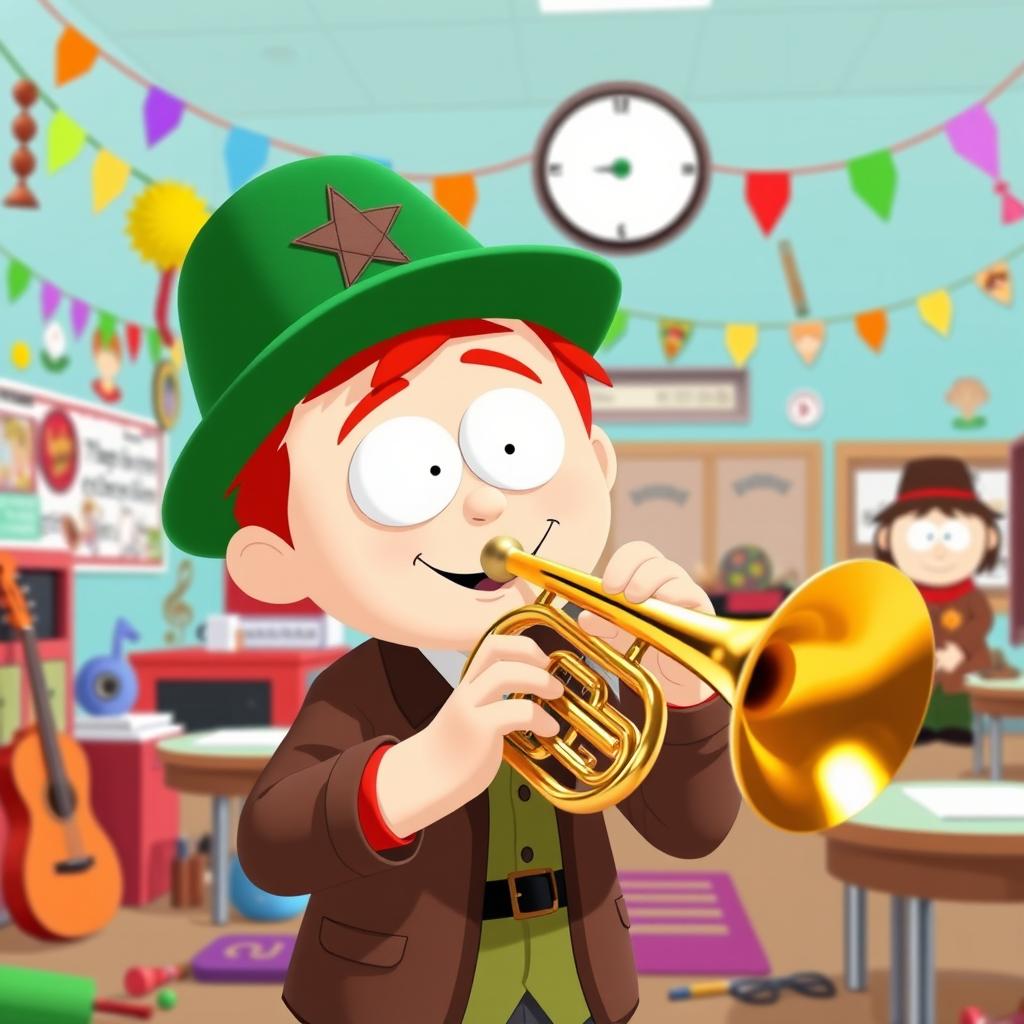 A character inspired by South Park, featuring a young Jewish boy with a green hat and red hair, enthusiastically playing a shiny trumpet