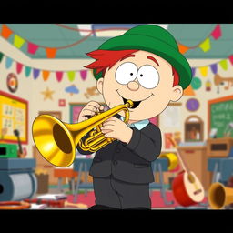 A character inspired by South Park, featuring a young Jewish boy with a green hat and red hair, enthusiastically playing a shiny trumpet