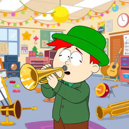 A character inspired by South Park, featuring a young Jewish boy with a green hat and red hair, enthusiastically playing a shiny trumpet