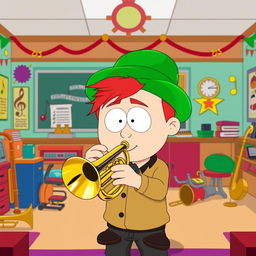 A character inspired by South Park, featuring a young Jewish boy with a green hat and red hair, enthusiastically playing a shiny trumpet