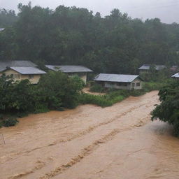 Transform the scene into a powerful display of nature's wrath, as a sudden flash flood sweeps through the riverside village, houses submerged and silhouettes seen moving in haste