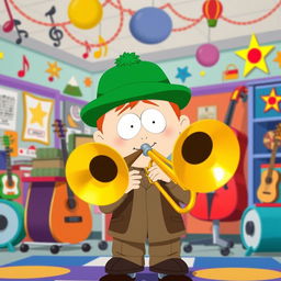 A character inspired by South Park, depicting a young Jewish boy with a green hat and red hair, energetically playing a trombone