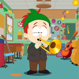 A character inspired by South Park, depicting a young Jewish boy with a green hat and red hair, energetically playing a trombone