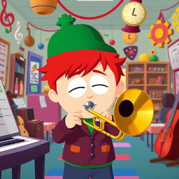 A character inspired by South Park, depicting a young Jewish boy with a green hat and red hair, energetically playing a trombone