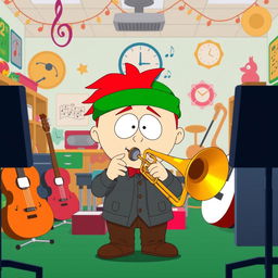 A character inspired by South Park, depicting a young Jewish boy with a green hat and red hair, energetically playing a trombone