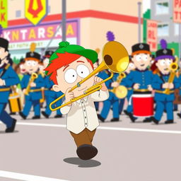 A character inspired by South Park, depicting a young Jewish boy with a green hat and red hair, energetically playing a trombone while participating in a lively marching band
