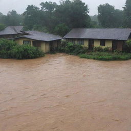 Transform the scene into a powerful display of nature's wrath, as a sudden flash flood sweeps through the riverside village, houses submerged and silhouettes seen moving in haste