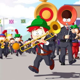 A character inspired by South Park, depicting a young Jewish boy with a green hat and red hair, energetically playing a trombone while participating in a lively marching band