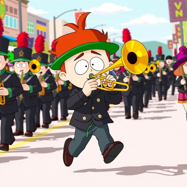 A character inspired by South Park, depicting a young Jewish boy with a green hat and red hair, energetically playing a trombone while participating in a lively marching band