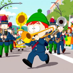 A character inspired by South Park, depicting a young Jewish boy with a green hat and red hair, energetically playing a trombone while participating in a lively marching band