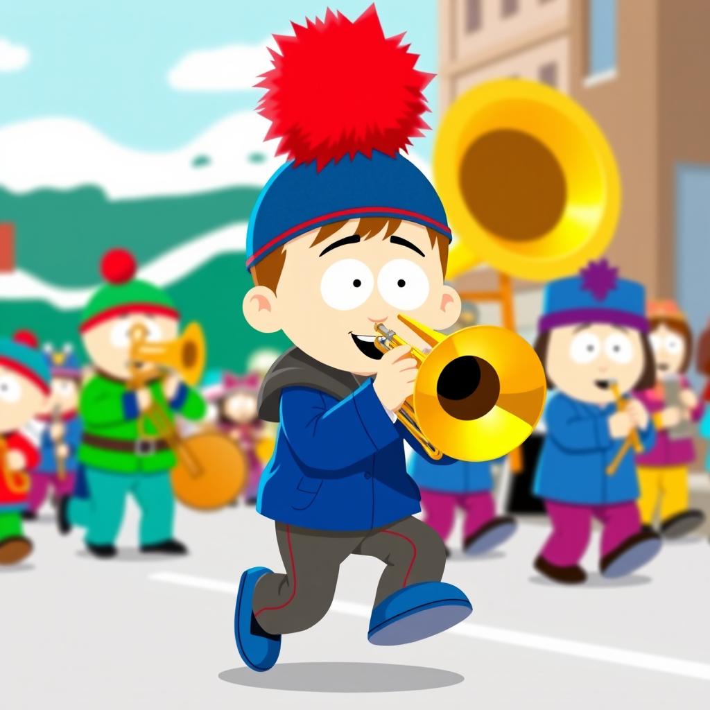 A character inspired by South Park, depicting Stan Marsh, a young boy wearing a blue hat with a red puffball on top, energetically playing a trombone while participating in a lively marching band