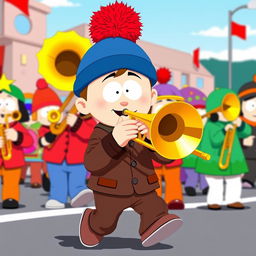 A character inspired by South Park, depicting Stan Marsh, a young boy wearing a blue hat with a red puffball on top, energetically playing a trombone while participating in a lively marching band