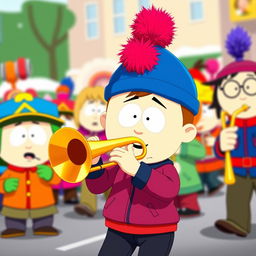 A character inspired by South Park, depicting Stan Marsh, a young boy wearing a blue hat with a red puffball on top, energetically playing a trombone while participating in a lively marching band