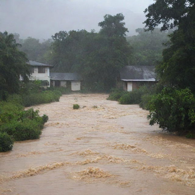 Transform the scene into a powerful display of nature's wrath, as a sudden flash flood sweeps through the riverside village, houses submerged and silhouettes seen moving in haste