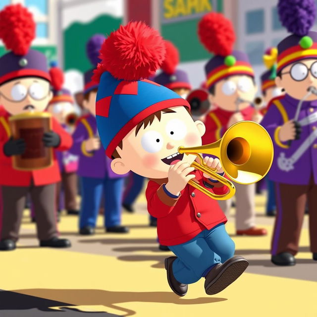 A character inspired by South Park, depicting Stan Marsh, a young boy wearing a blue hat with a red puffball on top, energetically playing a trombone while participating in a lively marching band