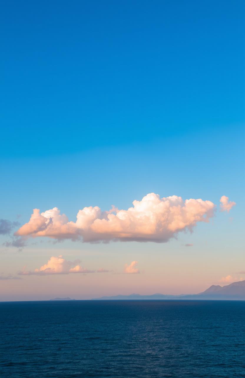 A serene and tranquil scene showcasing a varied palette of blue shades in the sky at sunset