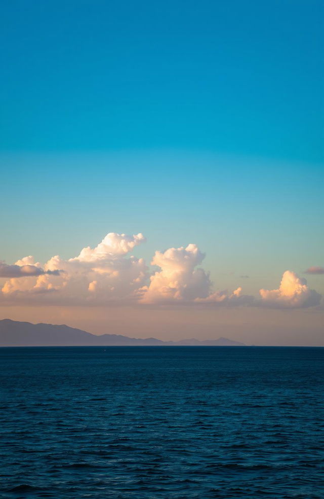 A serene and tranquil scene showcasing a varied palette of blue shades in the sky at sunset