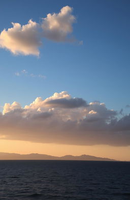 A serene and tranquil scene showcasing a varied palette of blue shades in the sky at sunset