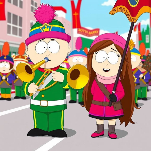 A scene inspired by South Park, featuring Stan Marsh and Wendy Testaburger, both characters wearing colorful marching band uniforms