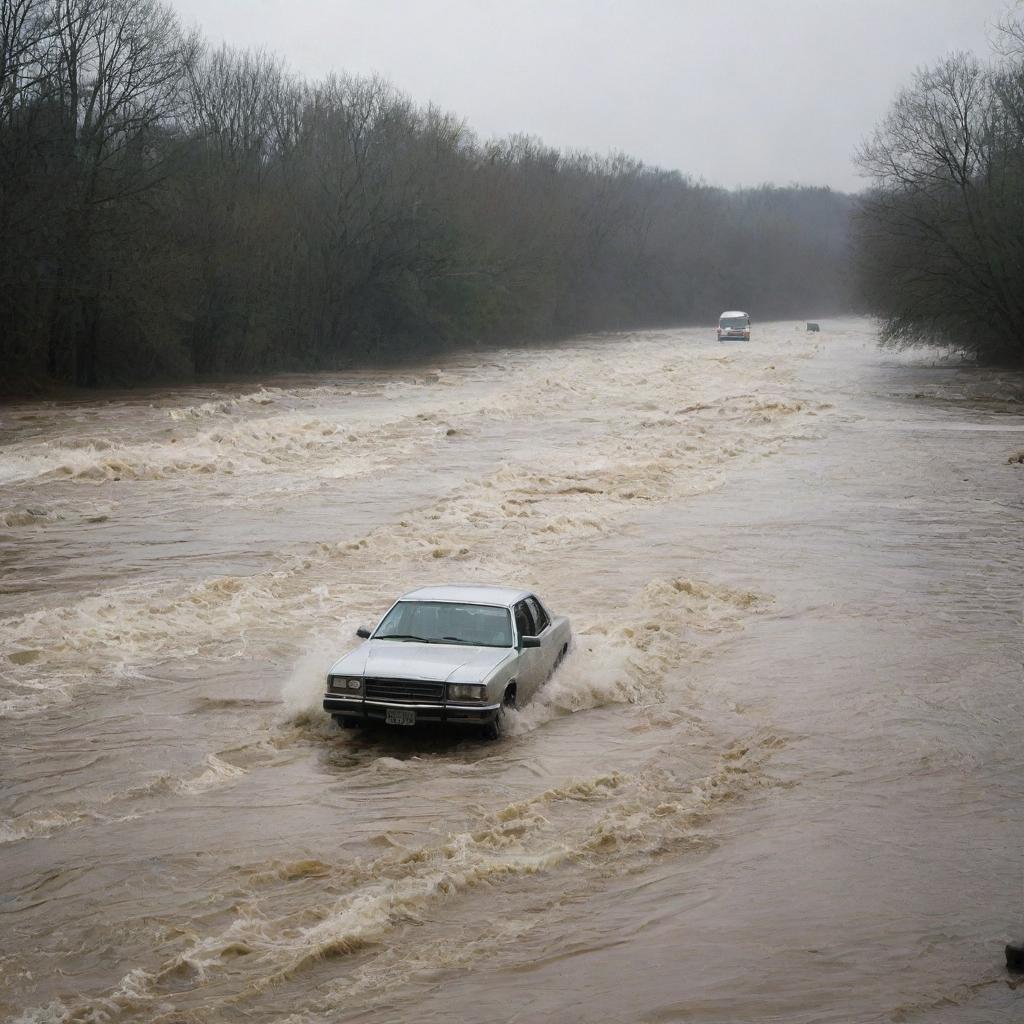 Revise the flashback flood scene, incorporating terrified people fleeing from their homes in panic, their shock and horror palpable in the face of the rushing water