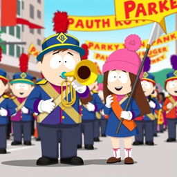 A scene inspired by South Park, featuring Stan Marsh and Wendy Testaburger, both characters wearing colorful marching band uniforms