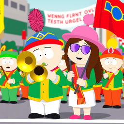 A scene inspired by South Park, featuring Stan Marsh and Wendy Testaburger, both characters wearing colorful marching band uniforms