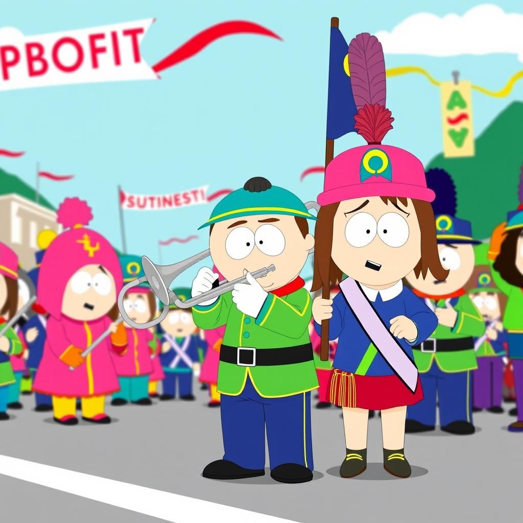 A scene inspired by South Park, featuring Stan Marsh and Wendy Testaburger, both characters wearing colorful marching band uniforms